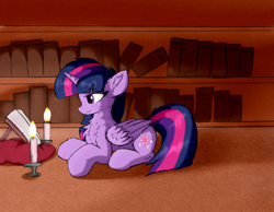 Size: 1020x792 | Tagged: safe, artist:d.w.h.cn, twilight sparkle, twilight sparkle (alicorn), alicorn, pony, book, bookshelf, candle, chest fluff, reading, solo