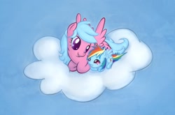 Size: 1239x819 | Tagged: safe, artist:maxtaka, firefly, rainbow dash, pegasus, pony, g1, g4, cloud, female, filly, firefly as rainbow dash's mom, foal, g1 to g4, generation leap, lying on a cloud, mare, mother and child, mother and daughter, on a cloud, parent and child, sisters