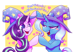 Size: 4000x2828 | Tagged: safe, artist:screwchaos, derpibooru import, starlight glimmer, trixie, pony, unicorn, abstract background, best friends, blush sticker, blushing, chest fluff, clothes, duo, hat, heart, high res, looking at each other, open mouth, starry eyes, trixie's hat, wingding eyes