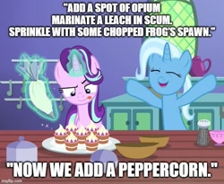 Size: 609x499 | Tagged: safe, derpibooru import, edit, edited screencap, screencap, starlight glimmer, trixie, pony, unicorn, all bottled up, asterix, caption, cropped, image macro, song reference, teacakes, text