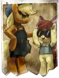 Size: 907x1200 | Tagged: safe, artist:stupjam, apple bloom, applejack, earth pony, pony, crossover, engie bloom, engiejack, parody, team fortress 2