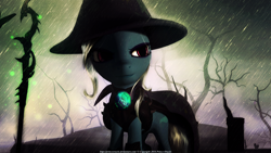 Size: 4096x2304 | Tagged: safe, artist:princeoracle, derpibooru import, trixie, pony, unicorn, 3d, absurd resolution, cape, clothes, epic, female, gmod, hat, jewel, mare, rain, solo, tree, trixie's cape, trixie's hat