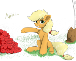 Size: 1280x1024 | Tagged: safe, artist:d.w.h.cn, applejack, earth pony, pony, apple, applejack's hat, chest fluff, cowboy hat, food, hat, simple background, solo, underhoof