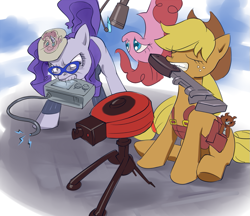 Size: 953x825 | Tagged: safe, artist:stupjam, applejack, pinkie pie, rarity, earth pony, pony, unicorn, crossover, glasses, sentry, team fortress 2