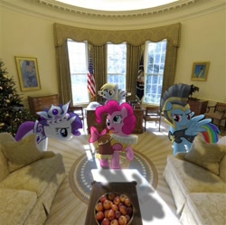 Size: 481x480 | Tagged: safe, artist:destructodash, chancellor puddinghead, commander hurricane, derpy hooves, pinkie pie, princess platinum, rainbow dash, rarity, pony, irl, oval office, photo, ponies in real life, vector