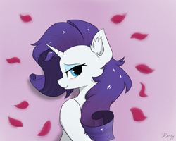 Size: 1280x1024 | Tagged: safe, artist:d.w.h.cn, rarity, pony, unicorn, blushing, female, looking at you, mare, messy mane, rose petals, smiling, solo