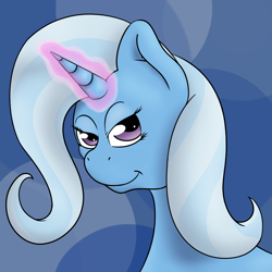 Size: 2000x2000 | Tagged: safe, artist:thexiiilightning, derpibooru import, trixie, pony, unicorn, bust, female, glowing horn, lidded eyes, looking at you, magic, mare, portrait, smiling, solo