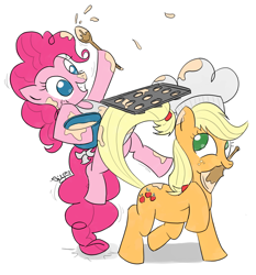 Size: 1240x1328 | Tagged: safe, artist:arudon, applejack, pinkie pie, earth pony, pony, baked bads, baked goods, baking, batter, chef's hat, cooking, cupcake, food, hat, messy, muffin tray, prehensile tail