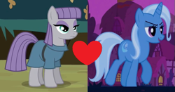 Size: 571x300 | Tagged: safe, derpibooru import, edit, edited screencap, screencap, maud pie, trixie, boast busters, maud pie (episode), female, heart, lesbian, mauxie, shipping, shipping domino