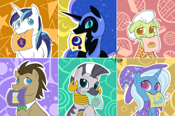 Size: 1920x1278 | Tagged: safe, artist:valcron, derpibooru import, doctor whooves, granny smith, nightmare moon, shining armor, trixie, zecora, pony, unicorn, zebra, bowtie, cute, cutie mark, male, mouth hold, necktie, stallion, zecorable