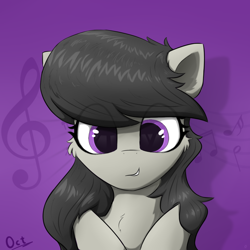 Size: 1024x1024 | Tagged: safe, artist:d.w.h.cn, octavia melody, earth pony, pony, bust, cheek fluff, chest fluff, cute, eye clipping through hair, female, mare, music notes, portrait, purple background, smiling, solo, tavibetes