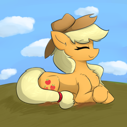 Size: 1024x1024 | Tagged: safe, artist:d.w.h.cn, applejack, earth pony, pony, chest fluff, cloud, cute, ear fluff, eyes closed, female, jackabetes, leg fluff, mare, profile, prone, smiling, solo