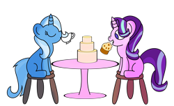 Size: 3661x2227 | Tagged: safe, artist:pastelhorses, derpibooru import, starlight glimmer, trixie, pony, unicorn, no second prances, cake, female, food, mare, missing cutie mark, tea