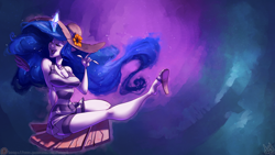 Size: 1920x1080 | Tagged: safe, artist:atryl, princess luna, human, big breasts, board, breasts, cleavage, clothes, crystal, dress, eyes closed, female, humanized, magic, open mouth, princess balloona, sandals, singing, sitting, solo