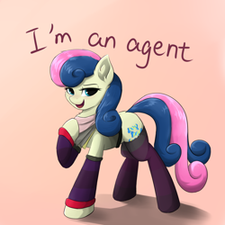 Size: 1024x1024 | Tagged: safe, artist:d.w.h.cn, derpibooru exclusive, bon bon, sweetie drops, earth pony, pony, adorabon, bandana, bedroom eyes, clothes, cute, female, mare, open mouth, raised hoof, secret agent sweetie drops, shirt, socks, solo, stockings, striped socks, t-shirt, thigh highs