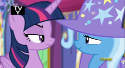 Size: 2519x1385 | Tagged: safe, derpibooru import, screencap, trixie, twilight sparkle, twilight sparkle (alicorn), alicorn, pony, no second prances, discovery family logo, female, mare