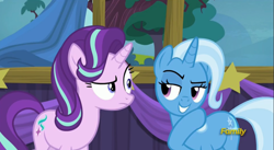 Size: 2543x1393 | Tagged: safe, derpibooru import, screencap, starlight glimmer, trixie, pony, unicorn, no second prances, discovery family logo, female, mare