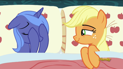 Size: 1439x809 | Tagged: safe, edit, edited screencap, screencap, applejack, princess luna, alicorn, earth pony, pony, 28 pranks later, applejack's bed partner, bed, exploitable meme, facehoof, female, lesbian, lunajack, mare, meme, pillow, ruined for marriage, s1 luna, shame, shipping