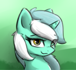 Size: 356x328 | Tagged: safe, artist:d.w.h.cn, lyra heartstrings, pony, unicorn, abstract background, bust, cute, eye clipping through hair, female, lidded eyes, lowres, lyrabetes, mare, portrait, smiling, solo