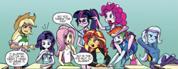 Size: 1273x493 | Tagged: safe, artist:pencils, derpibooru import, idw, applejack, fluttershy, pinkie pie, rainbow dash, rarity, sci-twi, sunset shimmer, trixie, twilight sparkle, equestria girls, spoiler:comic, spoiler:comicequestriagirlsmarchradness, angry, argument, boots, cellphone, cute, desk, detention, feet on table, group shot, humane five, humane seven, humane six, legs, madorable, phone, pinkie being pinkie, pointing, shoes, smartphone, teary eyes, trixie is not amused, unamused