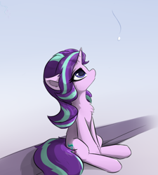 Size: 540x600 | Tagged: source needed, safe, artist:d.w.h.cn, starlight glimmer, pony, unicorn, chest fluff, cute, ear fluff, female, glimmerbetes, leg fluff, looking up, mare, simple background, sitting, snow, snowfall, solo