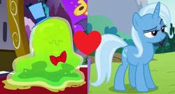 Size: 550x298 | Tagged: safe, derpibooru import, edit, edited screencap, screencap, smooze, trixie, make new friends but keep discord, no second prances, crack shipping, joke shipping, shipping, shipping domino