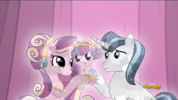 Size: 1092x617 | Tagged: safe, screencap, princess cadance, princess flurry heart, shining armor, alicorn, crystal pony, pony, unicorn, the crystalling, crystallized, diaper, discovery family logo, family, female, hairclip, jewelry, male, regalia, shiningcadance, shipping, straight