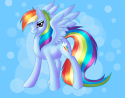 Size: 1008x792 | Tagged: safe, artist:rather-be-raving, rainbow dash, pegasus, pony, blue coat, female, mare, multicolored mane, shiny