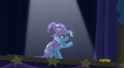 Size: 2495x1377 | Tagged: safe, derpibooru import, screencap, trixie, pony, unicorn, no second prances, clothes, discovery family logo, female, mare, solo, stage, the paint and growerful triskie, torn clothes