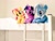 Size: 1024x768 | Tagged: safe, artist:nekokevin, derpibooru import, sunset shimmer, trixie, twilight sparkle, unicorn twilight, pony, unicorn, bed, female, irl, magical trio, mare, open mouth, photo, plushie, sitting, smiling, stairs, trio, underhoof