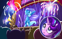 Size: 2560x1600 | Tagged: safe, artist:mysticalpha, derpibooru import, starlight glimmer, trixie, pony, no second prances, bipedal, eyes closed, fireworks, open mouth, stage, that was fast, trixie's wagon