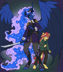 Size: 1043x1200 | Tagged: safe, artist:kaemantis, princess luna, sunset shimmer, anthro, unguligrade anthro, equestria girls, bat wings, clothes, impossibly large wings, jacket, older, open mouth, pants, sword, ultimate luna, weapon, wing claws