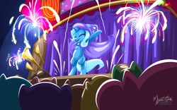 Size: 2560x1600 | Tagged: safe, artist:mysticalpha, derpibooru import, trixie, pony, no second prances, bipedal, eyes closed, fireworks, that was fast, trixie's wagon