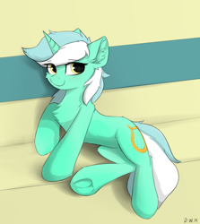 Size: 524x588 | Tagged: safe, artist:d.w.h.cn, lyra heartstrings, pony, unicorn, chest fluff, cute, ear fluff, female, looking at you, mare, on side, smiling, solo, underhoof