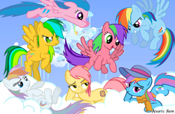 Size: 2000x1300 | Tagged: safe, artist:aquaticneon, coconut grove, firefly, first born, masquerade (g1), patch (g1), rainbow dash, rainbow dash (g3), pegasus, pony, g1, g3, my little pony tales, g1 to g4, g3 to g4, generation leap, rainbow dash always dresses in style