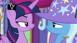 Size: 500x281 | Tagged: safe, derpibooru import, screencap, trixie, twilight sparkle, twilight sparkle (alicorn), alicorn, pony, unicorn, no second prances, animated, cape, clothes, discovery family logo, duo, fake smile, female, folded wings, forced smile, glare, grin, hat, lidded eyes, long time no see, mare, narrowed eyes, rivalry, suspicious, trixie's cape, trixie's hat, twilight is not amused, unamused, wings