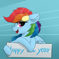 Size: 420x420 | Tagged: safe, artist:d.w.h.cn, rainbow dash, pegasus, pony, 2020, abstract background, blushing, cute, dashabetes, female, happy new year, happy new year 2020, holiday, mare, sign, solo