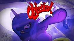 Size: 854x480 | Tagged: safe, artist:warpout, princess luna, alicorn, pony, ace attorney, angry, crying, fangs, lullaby for a princess, objection, pointing, s1 luna, solo, speech bubble, underhoof