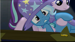 Size: 1600x900 | Tagged: safe, derpibooru import, screencap, starlight glimmer, trixie, pony, unicorn, no second prances, clothes, discovery family logo, female, mare, torn clothes