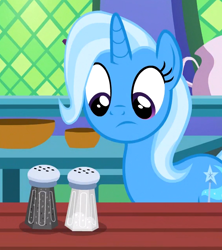 Size: 568x640 | Tagged: safe, derpibooru import, screencap, trixie, pony, unicorn, all bottled up, cropped, salt and pepper shakers, solo