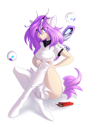 Size: 2480x3507 | Tagged: safe, artist:crazy-leg, oc, oc only, oc:ipsylon, anthro, cyborg, original species, unguligrade anthro, angry, breasts, butterfly wings, clothes, drone, female, food, pocky, ponymorph, stockings, thigh highs, tsundere