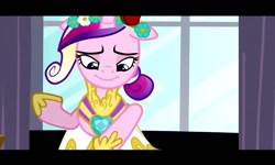 Size: 1024x613 | Tagged: safe, screencap, princess cadance, queen chrysalis, alicorn, changeling, changeling queen, pony, a canterlot wedding, clothes, dress, faic, great moments in animation, solo, wat