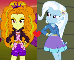 Size: 1278x1040 | Tagged: safe, derpibooru import, edit, edited screencap, screencap, adagio dazzle, trixie, better together, equestria girls, rainbow rocks, sunset's backstage pass!, bracelet, clothes, female, heart, jacket, jewelry, leather jacket, lesbian, shipping, shipping domino, shorts, spiked headband, spiked wristband, triagio, wristband