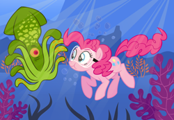Size: 1300x900 | Tagged: safe, artist:sketchyjackie, pinkie pie, earth pony, pony, squid, female, mare, pink coat, pink mane, underwater