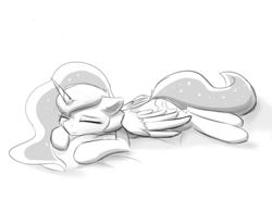 Size: 550x428 | Tagged: safe, artist:d.w.h.cn, princess luna, alicorn, pony, cute, ethereal mane, eyes closed, female, lunabetes, mare, monochrome, prone, simple background, sleeping, solo, starry mane, wings