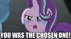 Size: 2535x1385 | Tagged: safe, derpibooru import, screencap, starlight glimmer, trixie, pony, unicorn, no second prances, crying, female, grammar error, image macro, mare, meme, revenge of the sith, star wars