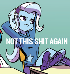 Size: 297x312 | Tagged: safe, artist:pencils, derpibooru import, edit, idw, trixie, equestria girls, spoiler:comic, spoiler:comicequestriagirlsmarchradness, boots, comic, cropped, detention, feet on table, meme, not this shit again, shoes, solo, vulgar