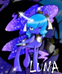 Size: 1136x1349 | Tagged: safe, artist:deathstrums, princess luna, alicorn, pony, alternate hairstyle, cute, glowing horn, looking at you, lunabetes, one eye closed, s1 luna, smiling, solo, wink