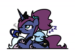 Size: 1280x960 | Tagged: safe, artist:flutterluv, princess luna, trixie, alicorn, pony, unicorn, coffee, coffee mug, cuddling, cute, drinking, eyes closed, female, levitation, luna-afterdark, magic, mare, mug, ponytail, prone, simple background, sleeping, smiling, snoring, snuggling, telekinesis, unamused, white background, zzz