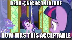Size: 500x279 | Tagged: safe, derpibooru import, edit, edited screencap, screencap, starlight glimmer, trixie, twilight sparkle, twilight sparkle (alicorn), alicorn, pony, unicorn, no second prances, animation error, caption, discovery family logo, error, exploitable meme, female, image macro, mare, meme, memegenerator, meta, missing horn, nick confalone, op is a cuck, text, train wreck in the comments, trixie's cape, trixie's hat